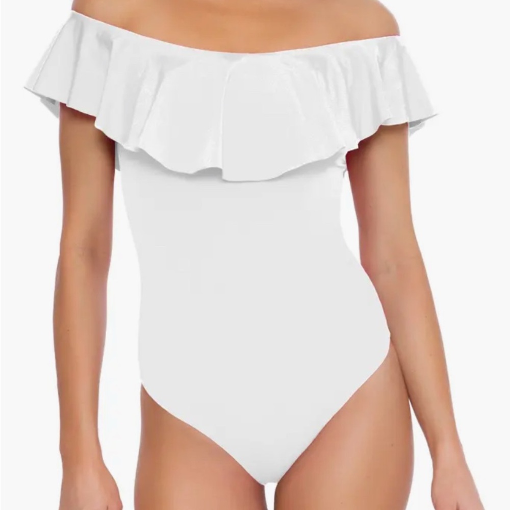 Trina Turk Monaco White Off-Shoulder Ruffle One Piece Swimsuit